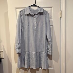 SHEIN White and Light Blue Striped Long Sleeve Dress